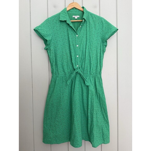 J Crew Mercantile Dress M Medium Kelly Green Eyelet Collared Tie-Front L1491 - Picture 1 of 8